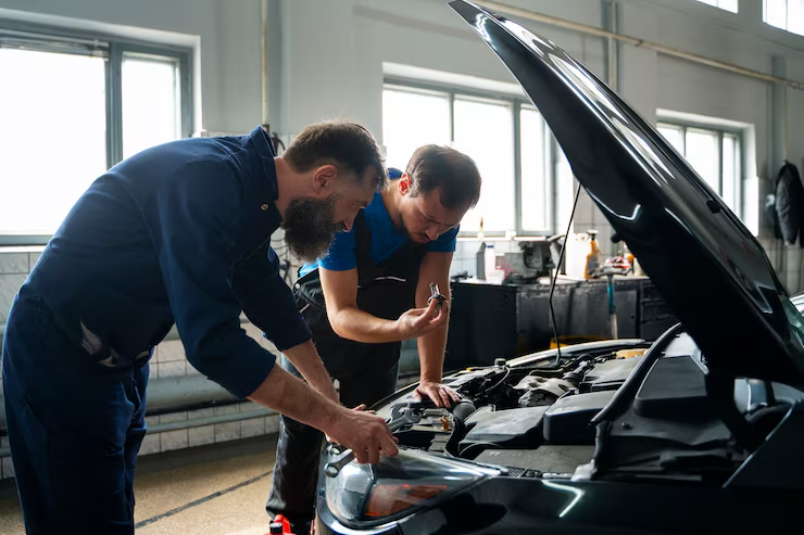 male mechanics working together car shop