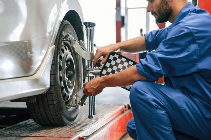 taking care wheel disk auto mechanic working garage repair service